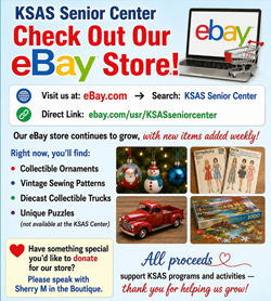 Check out our eBay Store! Now you will find: Collectable Ornaments, Vintage Sewing Patterns, Collectable Diecast Trucks, Unique puzzles and MORE! All proceeds support KSAS.